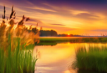 Wall Mural - A serene sunset over a pond with reeds in the foreground