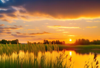 Wall Mural - A beautiful sunset over a pond or lake with clouds in the sky and reed grass in the foreground