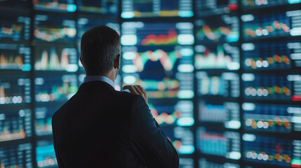 Poster - businessman or an investor looking at stocks prices on big computer screens, looking for investment opportunities 