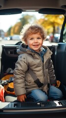 Wall Mural - A young boy sits in the back of a car, looking out the window with a smile on his face. AI.