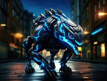 A Robotic Creature With Glowing Blue Eyes And A Spiky Back Crouches On An Urban Street At Night. AI.