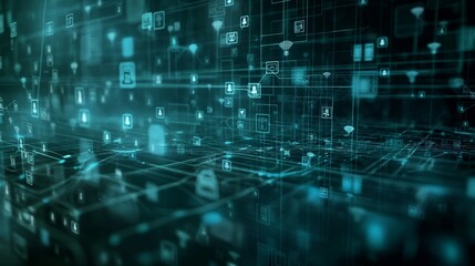 An abstract digital network with accents of green, gray, and blue, along with privacy and legal symbols.