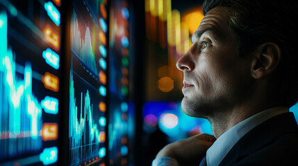 Poster - businessman or an investor looking at stocks prices on big computer screens, looking for investment opportunities 
