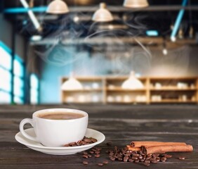 Poster - black coffee in cup, with aroma beans