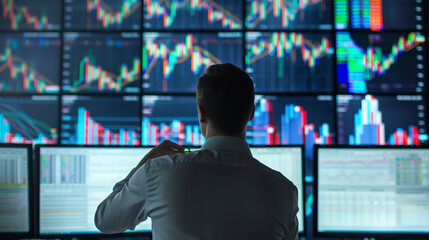 Poster - businessman or an investor looking at stocks prices on big computer screens, looking for investment opportunities 