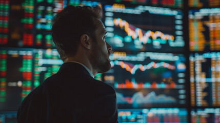 Poster - businessman or an investor looking at stocks prices on big computer screens, looking for investment opportunities 