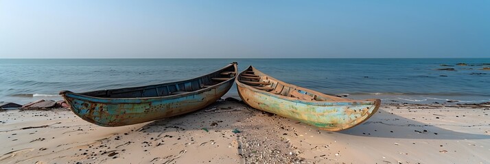 Wall Mural - Local fishermen moor their canoes on the beach on April 19, in Saint Louis du Senegal-Senegal realistic nature and landscape