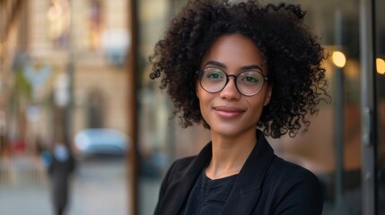 Wall Mural - Portrait of confident successful young mixed race curly woman, formally dressed, business woman standing with laptop outdoors against the background of the business center, looks at camera, smiling