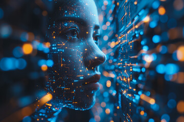 Poster - a woman's face is shown in a computer generated image with a blue background