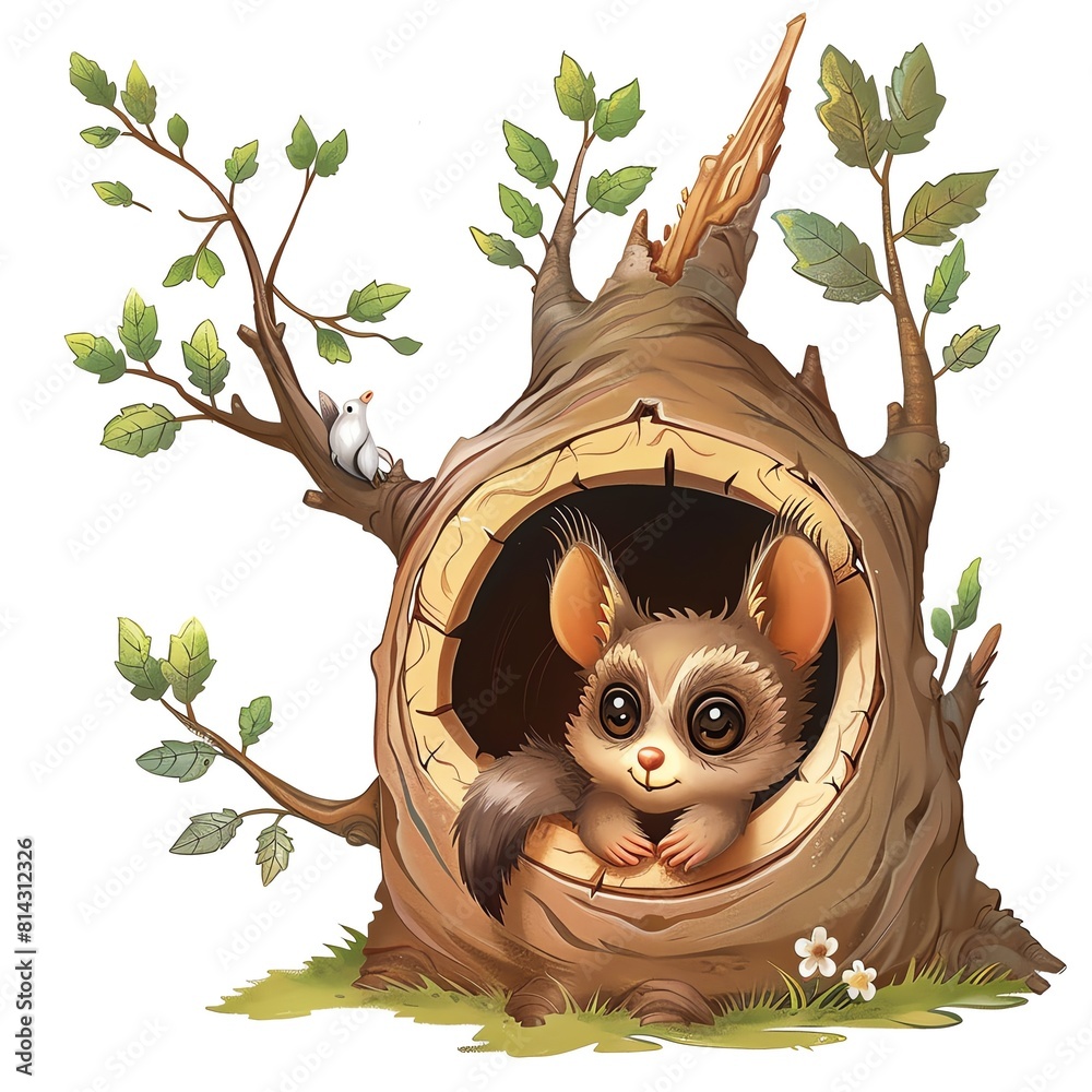Mouse Tree Hole A cute cartoon illustration of a mouse peeking out of a tree hole. The ...