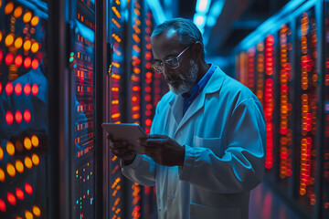 Poster - A man in a lab coat is looking at a tablet