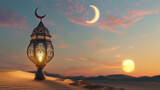 Fototapeta  - 3D Rendering: Arabian lantern on desert dune under a realistic crescent moon - Celebrating Islamic Faith with Eid Mubarak Festivities. Celebrating Islamic Faith and Joyous Eid Festivities, Eid Mubarak