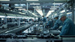A group of workers at the factory is working at a machine. Efficient factory workers on the assembly line