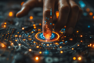 Poster - A hand is pointing to a glowing circle on a black background
