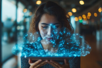 Poster - A woman is holding a tablet and looking at a blue cloud