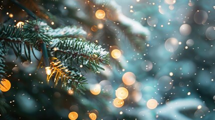 Poster - Pine tree background for Christmas decoration with snow and defocused lights 