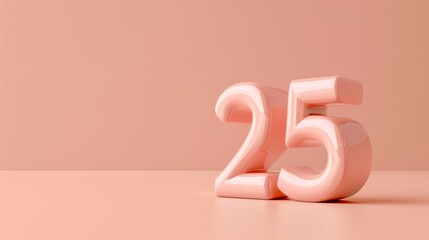 Sticker - A realistic glossy number 25 in 3D style imitation, placed on a pink background, copy space