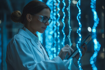 Poster - A woman in a lab coat is using a tablet to look at a computer screen