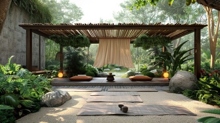 A holistic spa experience showcasing a yoga session in a tranquil garden setting.