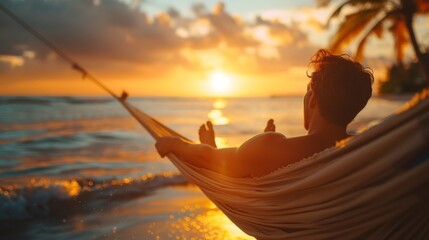 Wall Mural - A man enjoying a massage in a hammock by the beach, with gentle waves and a sunset background.