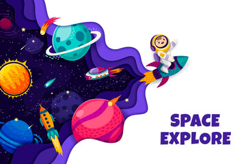 Poster - Space explore paper cut banner. Kid astronaut on space rocket. Universe exploration, outerspace travel vector horizontal banner with boy spaceman cartoon character flying on spaceship, galaxy planets