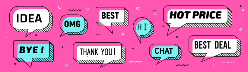 Poster - Memphis speech bubbles and message clouds with text, vector thin line frames. Message bubbles for sale hot price and best deal, OMG and Hi or Thank you and Idea speech clouds in Memphis style