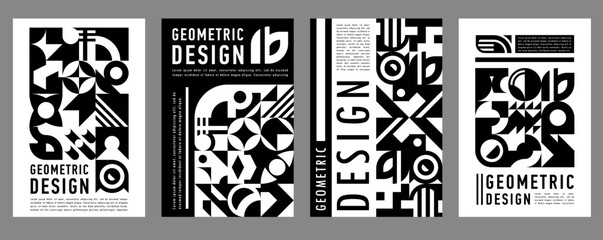 Poster - Monochrome business posters with abstract modern geometric pattern. Vector backgrounds or presentation templates with minimal shapes. Vintage black and white layouts or covers with primitive elements