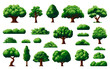 8bit forest, pixel trees and bushes for arcade game assets, vector nature elements. Arcade video game UI and UX assets of garden or park green trees and plants with leaves of oak, birch or willow