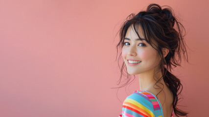 Chinese smile woman in rainbow shirt at pride parade event diversity