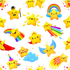 Aufkleber - Cartoon cute cheerful kawaii stars and happy twinkles pattern. Fabric print, textile vector pattern or wallpaper backdrop. Wrapping paper seamless background with funny kawaii golden stars characters