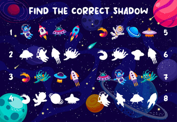 Aufkleber - Shadow match game worksheet with UFO and space rocket, alien and spaceship, vector quiz. Kids game to find correct shadow or silhouette of astronaut spaceman and spaceship, planet and alien in space