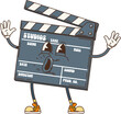Groovy retro cartoon movie clapperboard funky character with happy face, vector 70s hippie comic. Groovy funny cinema film clapper board with camera action expression of retro cartoon character