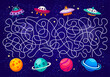 Cartoon galaxy labyrinth maze game to help UFO to find planet, vector worksheet puzzle. Kids space labyrinth maze or game quiz with alien UFO and Martians to find way to planet in starry sky