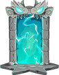 Fantasy fairytale game magic portal door. Cartoon vector glowing teleportation portal doorway pulsating with plasma energy, stone frame with swirling symbols, blue gem eyes, teeth and star-shaped base