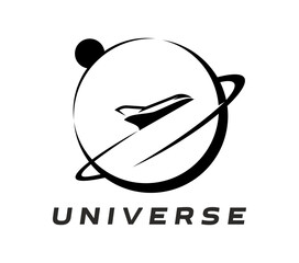 Poster - Spaceship icon of space rocket or galaxy shuttle on planet orbit for spaceflight program, vector emblem. Spaceship rocket on planet orbit sign for astronauts academy or galaxy exploration center