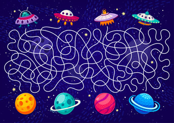 Poster - Cartoon galaxy labyrinth maze game to help UFO to find planet, vector worksheet puzzle. Kids space labyrinth maze or game quiz with alien UFO and Martians to find way to planet in starry sky