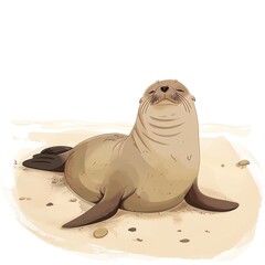 Wall Mural - A digital illustration of a happy cartoon seal on the beach. The seal is lying on its belly and smiling.