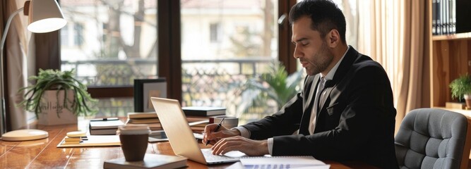 Wall Mural - businessman or financial accountant sitting in office workplace at desk with laptop computers, writing something, doing multiple tasks, working with data files, taking
