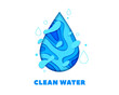 Clean water environment concept icon of blue drop in paper cut, vector emblem. Water drink emblem of blue drop with wave splashes in papercut layers for eco product, ecology and nature conservation