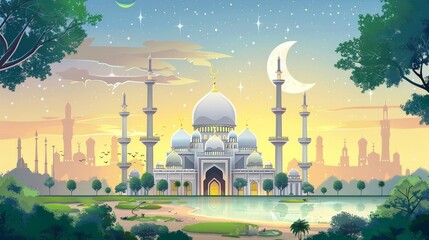 Wall Mural - Illustration of a Mosque with Crescent Moon Symbol