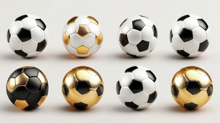 Soccer ball set. Football balls set realistic 3D design style. Leather texture golden and white black colors. Isolated sports elements on white background. illustration