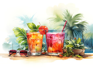 Wall Mural - Watercolor cherry cocktail background