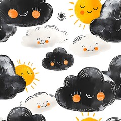 Seamless watercolor illustration in a children's doodle style. Cute weather elements including smiling black clouds, white clouds, and sun patterned on a white background.
