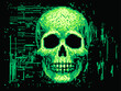 Green skull on a glitchy pixelated background. The concept of cybersecurity and malware.