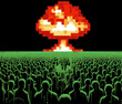 Pixel art illustration depicting a human crowd standing in front of a nuclear explosion. A conceptual representation of a dystopian future.