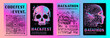 Set of holographic futuristic posters with pixel art illustrations of human head and skull. Covers for hackathon (also known as datathon or codefest).