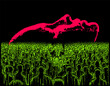 Surrealistic pixel art illustration depicting a human crowd standing in front of a giant face silhouette. A conceptual representation of a dystopian future where artificial intelligence.
