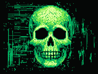 Aufkleber - Green skull on a glitchy pixelated background. The concept of cybersecurity and malware.