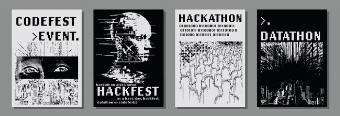 Poster - Set of futuristic posters with 8-bit pixel art illustrations of glitched human heads. Covers for hackathon (also known as a hack day, hackfest, datathon or codefest) event.