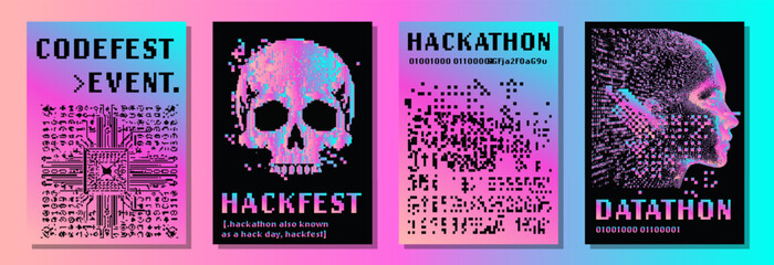 Poster - Set of holographic futuristic posters with pixel art illustrations of human head and skull. Covers for hackathon (also known as datathon or codefest).